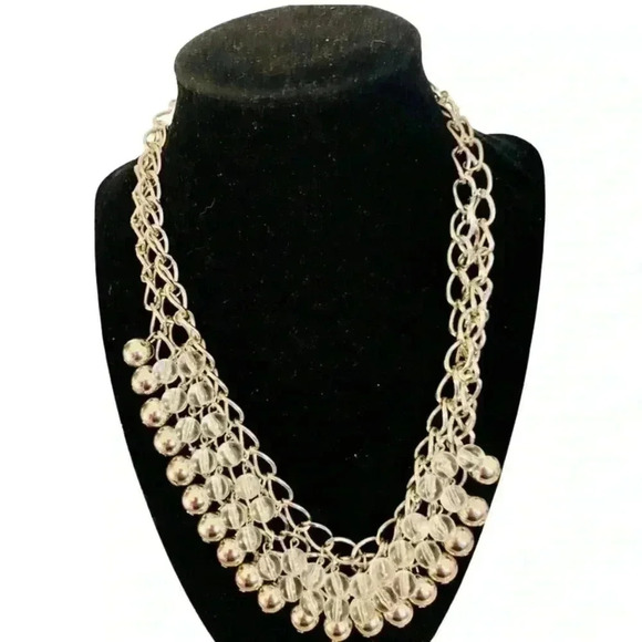 Silver Tone and Clear Beaded layered Statement Necklace - Picture 1 of 2